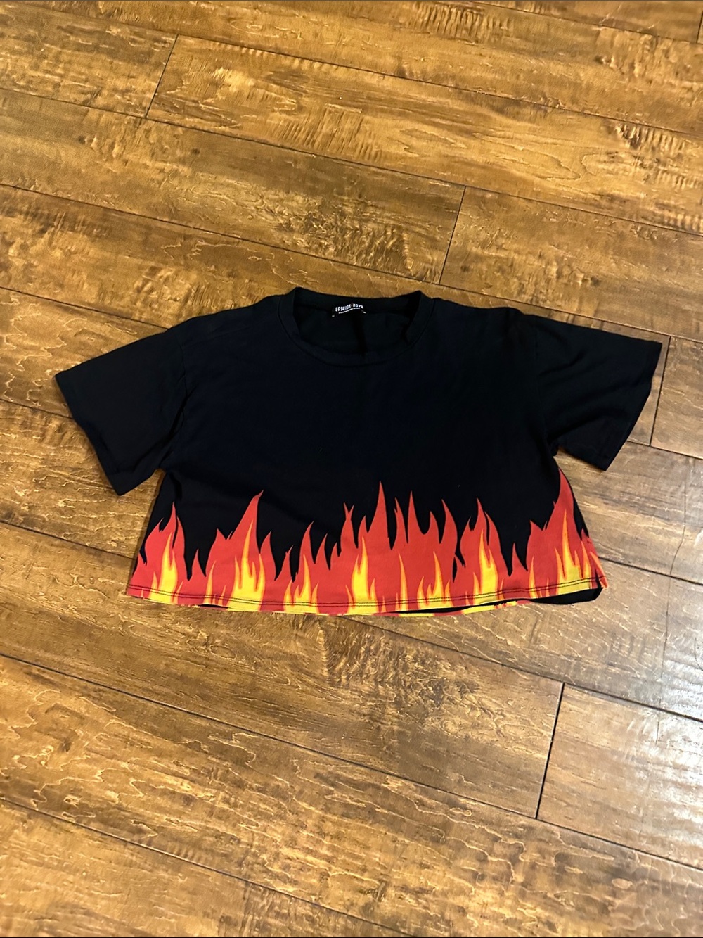 Fashion Nova Black Crop Top with Red and Yellow Flame Print